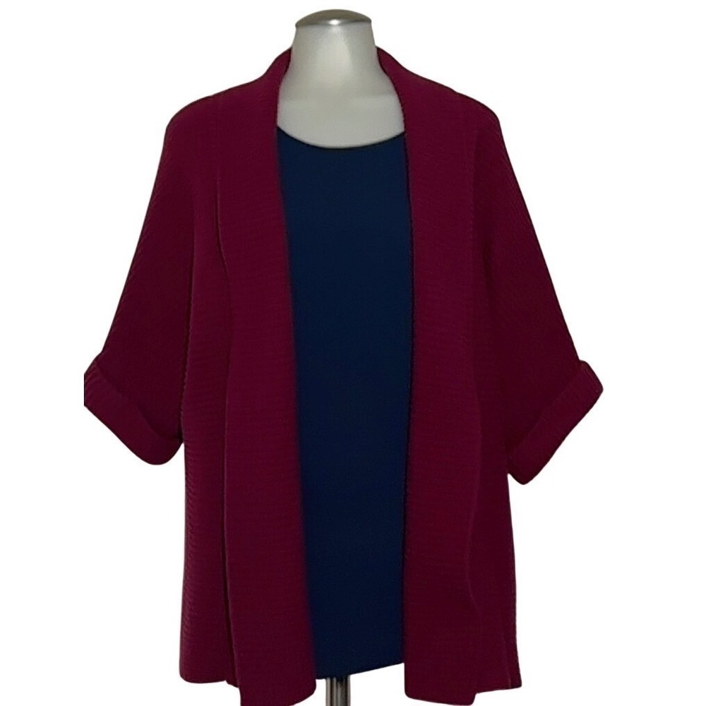 New Directions Petite Open Front Cardigan PM Burgundy EUC Ribbed Knit Cuffed